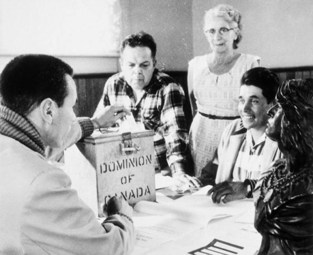 First votes cast since right to vote extended to all status Indians were those of the Rice Lake Band near Peterborough, ON.